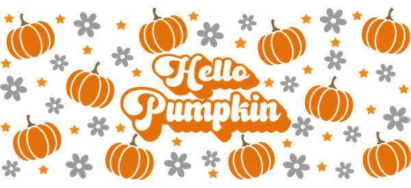 A festive design featuring bright orange pumpkins and cheerful snowflakes, with the text "Hello Pumpkin" in playful lettering.UV Transfersdtf regular iron