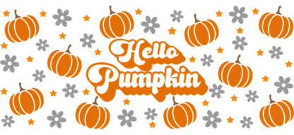 A festive design featuring bright orange pumpkins and cheerful snowflakes, with the text "Hello Pumpkin" in playful lettering.UV Transfersdtf regular iron