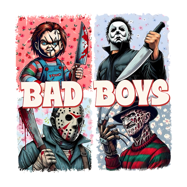 Un gráfico vibrante que presenta villanos de terror icónicos, incluidos Chucky, Michael Myers, Jason Voorhees y Freddy Krueger, con la palabra "BAD BOYS" destacada.