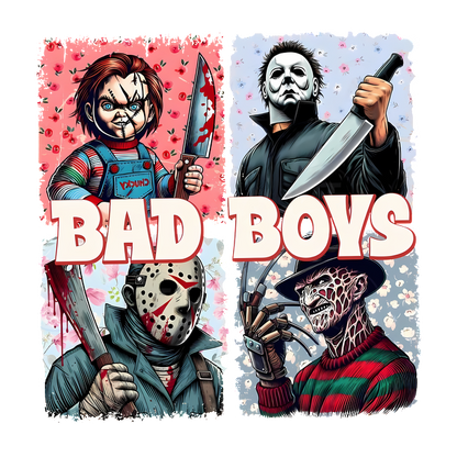 Un gráfico vibrante que presenta villanos de terror icónicos, incluidos Chucky, Michael Myers, Jason Voorhees y Freddy Krueger, con la palabra "BAD BOYS" destacada.