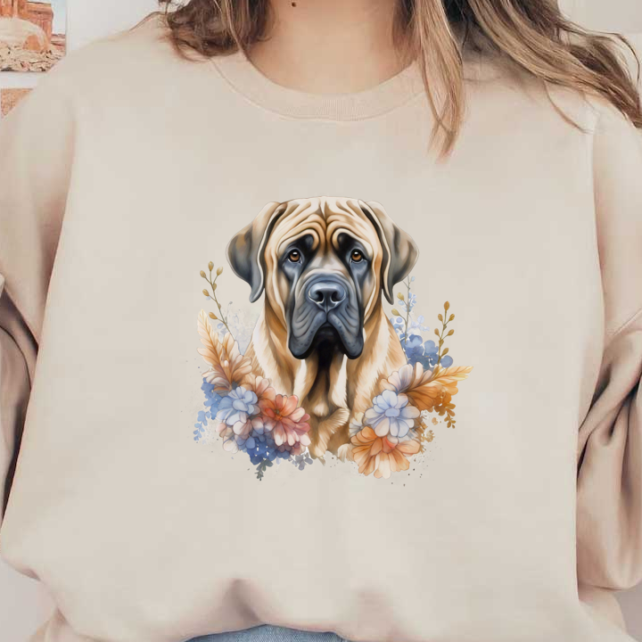 Una hermosa ilustración de un Bullmastiff rodeado de flores de colores, que muestra el rostro expresivo del perro y su comportamiento gentil.