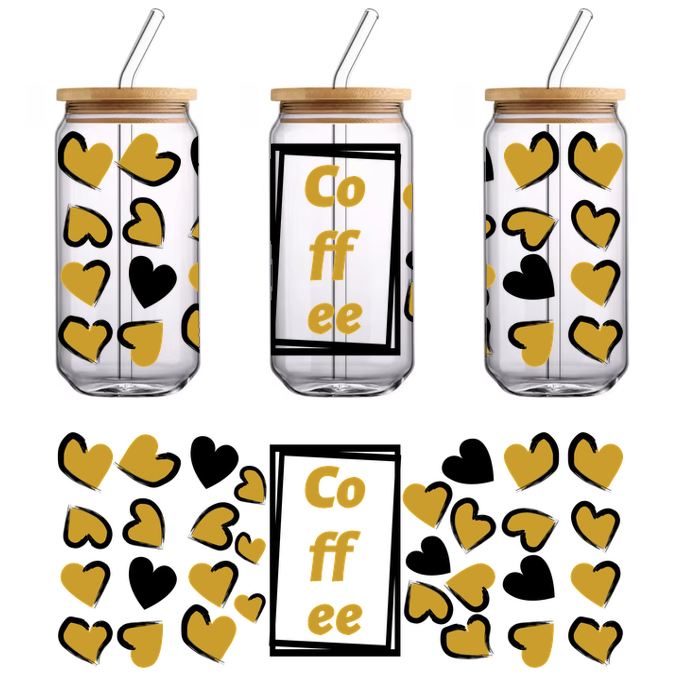 A charming golden graphic featuring the word "Coffee" surrounded by playful heart shapes, perfect for coffee lovers.UV Transfersdtf regular iron