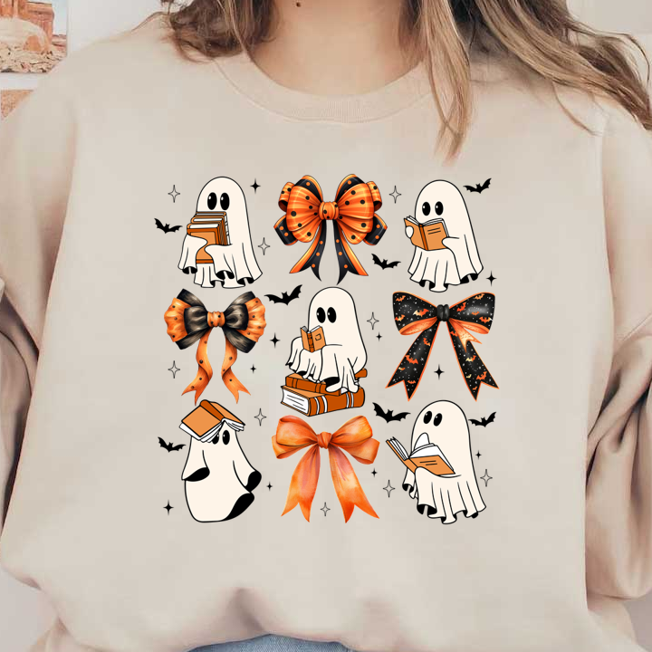 A playful collection of cute ghosts reading books, adorned with vibrant orange and black bows, perfect for Halloween decor! dtf prints