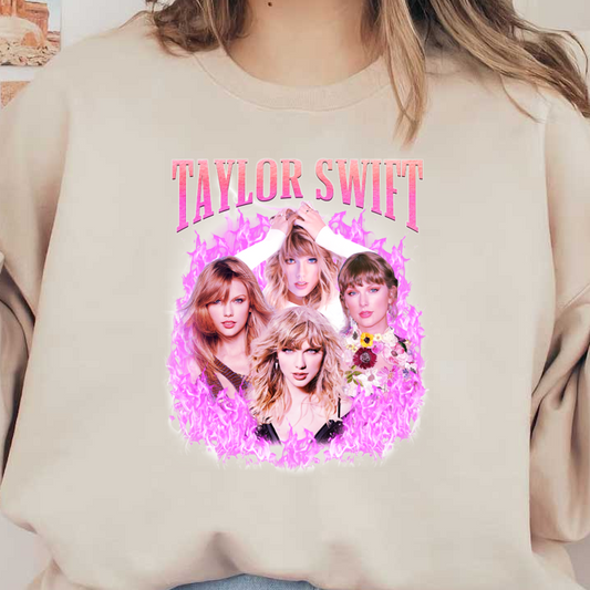 Colorful digital artwork featuring multiple images of Taylor Swift surrounded by a vibrant pink flame design, showcasing her iconic looks.DTF Transfers dtf transfers