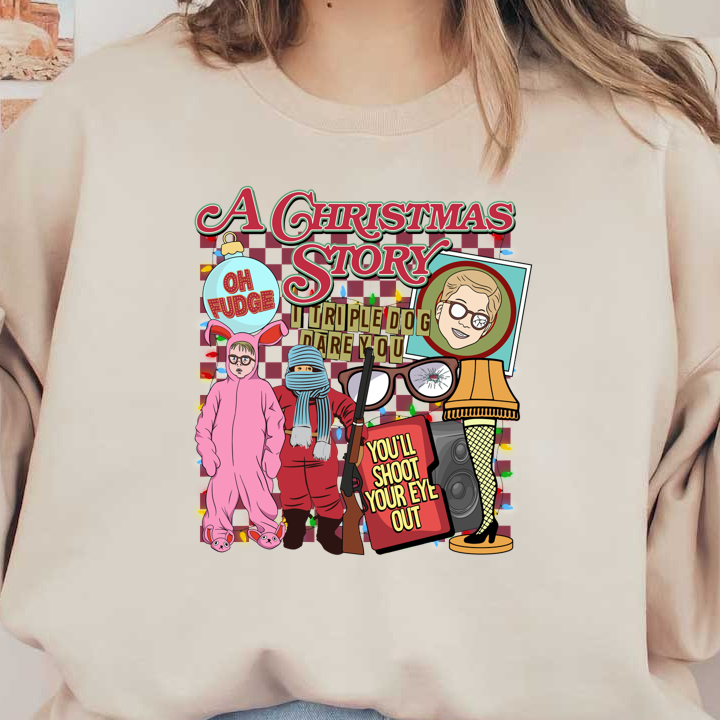 A colorful, whimsical graphic inspired by "A Christmas Story," featuring iconic quotes and characters in festive attire.DTF Transfers dtf transfersdtf regular iron