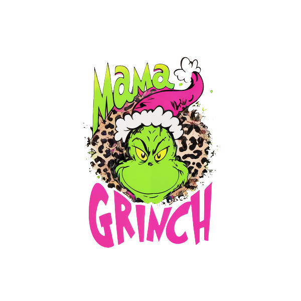 Playful "Mama Grinch" graphic featuring a green Grinch with a pink hat and leopard print accents, perfect for the holidays!DTF Transfers dtf prints