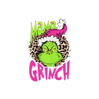 Playful "Mama Grinch" graphic featuring a green Grinch with a pink hat and leopard print accents, perfect for the holidays!DTF Transfers dtf prints