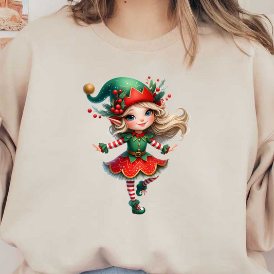 A cheerful elf character in a festive green and red outfit, adorned with holly, captivatingly poses with joy.DTF Transfers dtf transfers