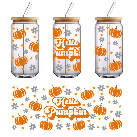 A festive design featuring bright orange pumpkins and cheerful snowflakes, with the text "Hello Pumpkin" in playful lettering.UV Transfersdtf regular iron