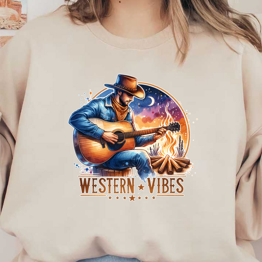 Un vaquero toca la guitarra junto a una fogata bajo un cielo estrellado, encarnando el espíritu de "Western Vibes".