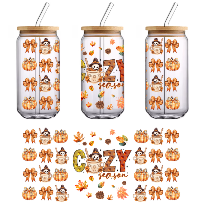 A whimsical autumn-themed design featuring cute skulls in mugs, pumpkins, and colorful leaves, embodying a cozy fall atmosphere.UV Transfers heat press transfers