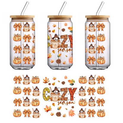 A whimsical autumn-themed design featuring cute skulls in mugs, pumpkins, and colorful leaves, embodying a cozy fall atmosphere.UV Transfers heat press transfers