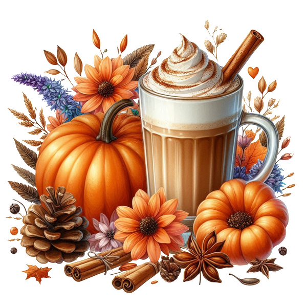 Una acogedora escena otoñal con un café con leche espumoso con especias de calabaza rodeado de calabazas vibrantes y flores coloridas, perfecto para el otoño.