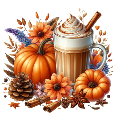 Una acogedora escena otoñal con un café con leche espumoso con especias de calabaza rodeado de calabazas vibrantes y flores coloridas, perfecto para el otoño.