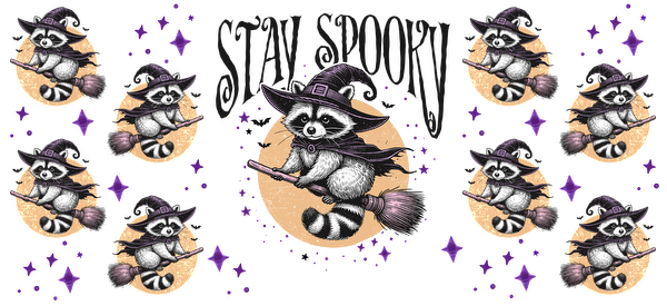 A whimsical illustration featuring a charming raccoon in a witch's hat flying on a broomstick, surrounded by sparkling stars.UV Transfersdtf regular iron