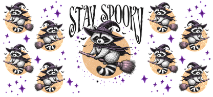 A whimsical illustration featuring a charming raccoon in a witch's hat flying on a broomstick, surrounded by sparkling stars.UV Transfersdtf regular iron