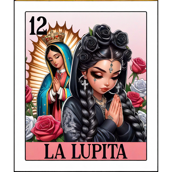 Una ilustración vibrante de "La Lupita", que muestra a una mujer vestida de negro con trenzas y rosas, junto a una figura de devoción.