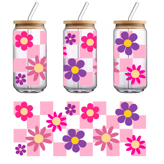 Pink, purple and yellow floral design with a pink and white checkerboard pattern.UV Transfers