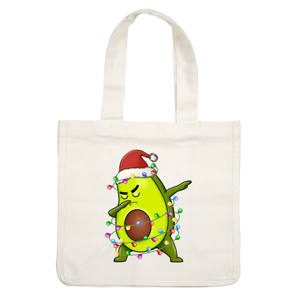 A playful avocado character dons a Santa hat, wrapped in colorful holiday lights, striking a fun pose. dtf transfers