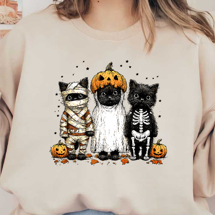 Three adorable black cats dressed in Halloween costumes, featuring a mummy, ghost, and skeleton.DTF Transfers