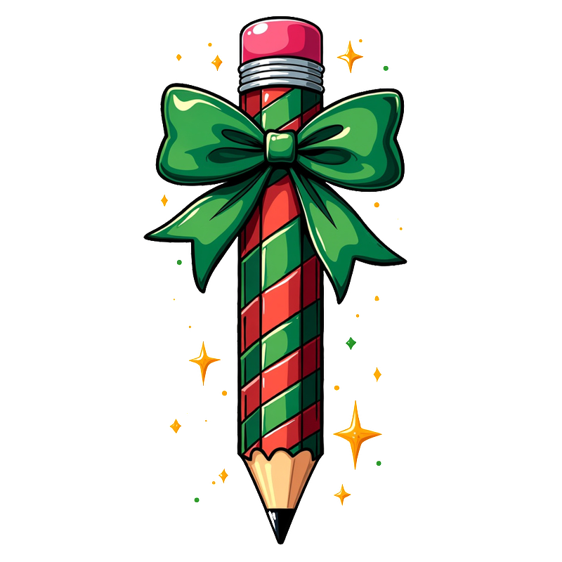 A festive pencil adorned with a green bow and red-and-green spiral stripes, perfect for holiday-themed crafts!DTF Transfers