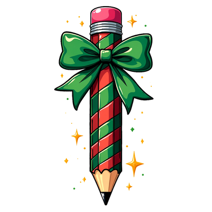 A festive pencil adorned with a green bow and red-and-green spiral stripes, perfect for holiday-themed crafts!DTF Transfers