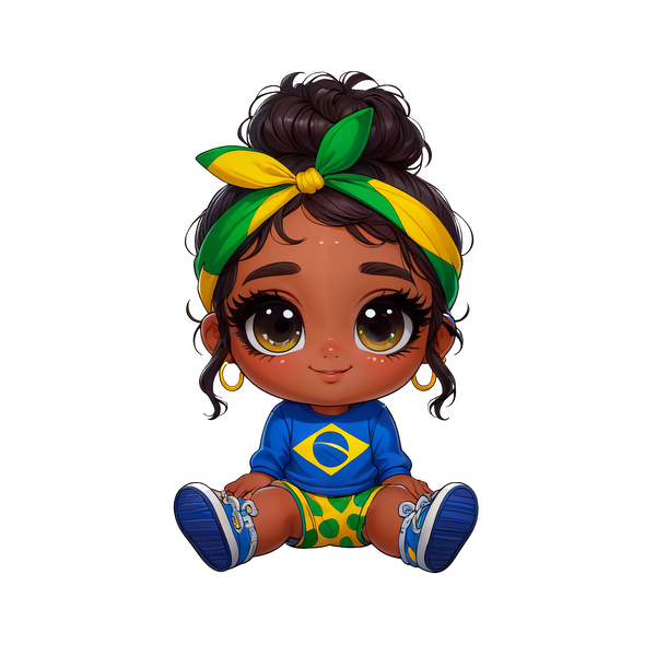 Una linda niña de estilo de dibujos animados se sienta con ojos grandes, vistiendo una camiseta azul con la bandera brasileña y pantalones cortos de color verde y amarillo. Transferencias DTF