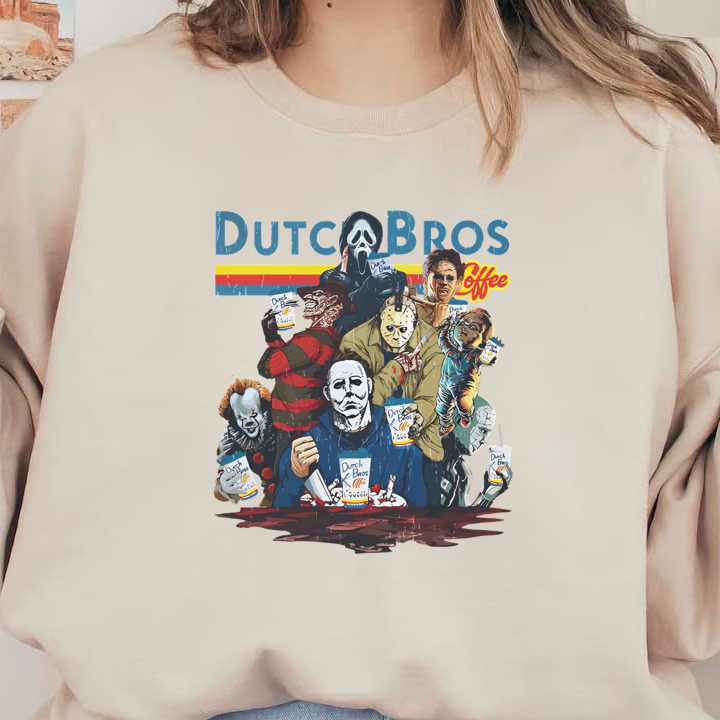 Una ilustración vibrante que presenta personajes de terror icónicos disfrutando del café Dutch Bros, combinando diversión con elementos espeluznantes para un diseño único.