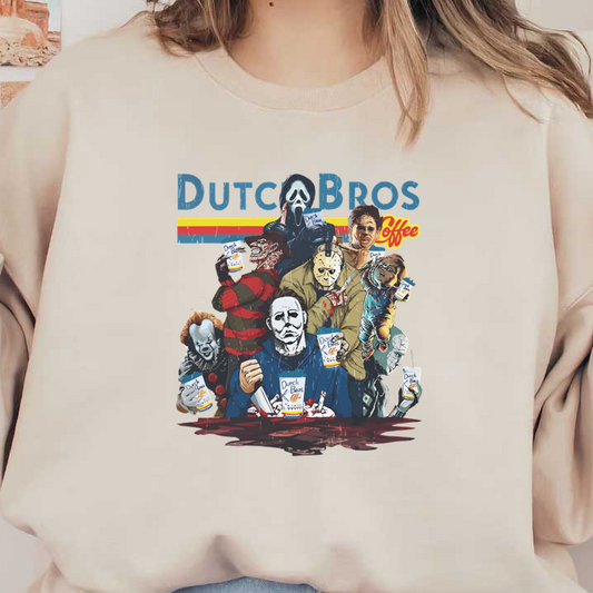 A vibrant illustration featuring iconic horror characters enjoying Dutch Bros coffee, combining fun with spooky elements for a unique design. heat press transfers