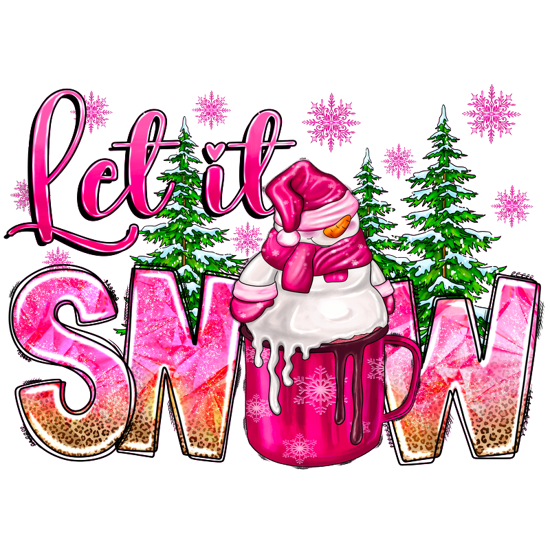 Cozy winter-themed graphic featuring a cute snowman in a pink hat with a festive "Let it Snow" message.DTF Transfers dtf transfers