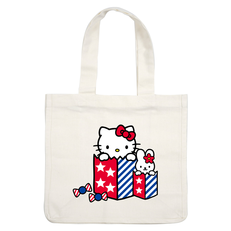 Cute Hello Kitty and her bunny friend peek out from festive red and blue striped gift boxes adorned with stars.DTF Transfers