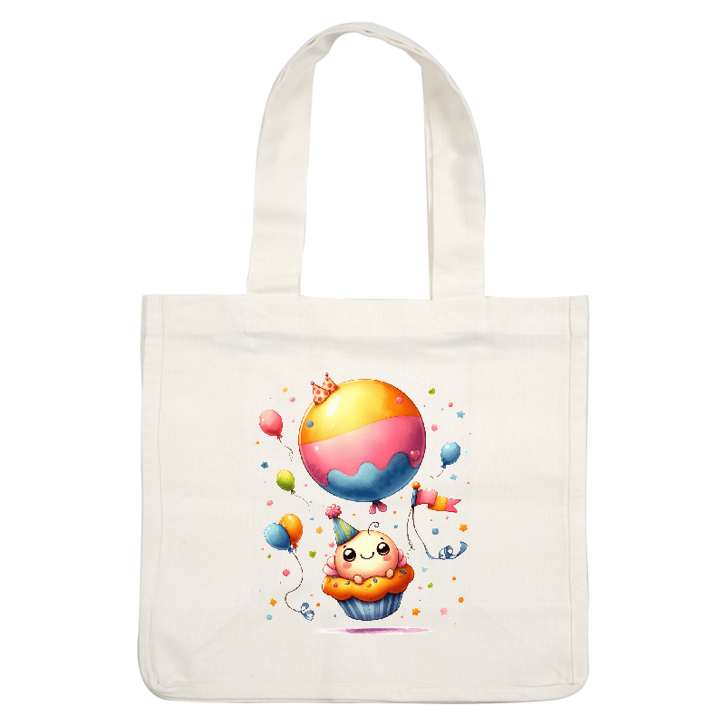 A cheerful cupcake character wearing a party hat is floating with colorful balloons, creating a festive and whimsical atmosphere.DTF Transfers