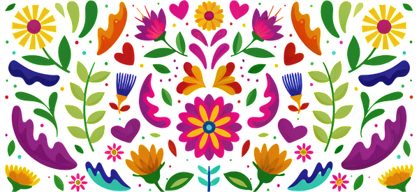 A vibrant and colorful floral pattern featuring various flowers, leaves, and hearts in playful, bold shades.UV Transfers dtf prints