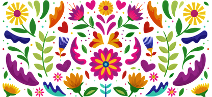 A vibrant and colorful floral pattern featuring various flowers, leaves, and hearts in playful, bold shades.UV Transfers dtf prints