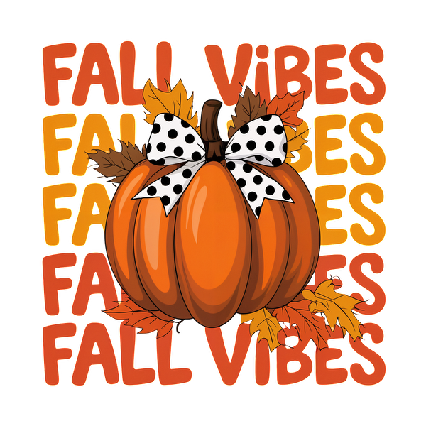 Un alegre diseño con temática otoñal que presenta una calabaza naranja vibrante adornada con un lazo de lunares y hojas otoñales, rodeada por el texto "Fall Vibes".