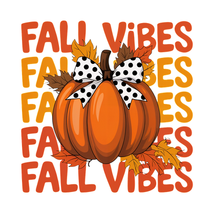 Un alegre diseño con temática otoñal que presenta una calabaza naranja vibrante adornada con un lazo de lunares y hojas otoñales, rodeada por el texto "Fall Vibes".