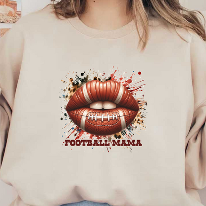 Un gráfico divertido que presenta labios diseñados como una pelota de fútbol, ​​acentuados con toques de color y la frase "Football Mama".