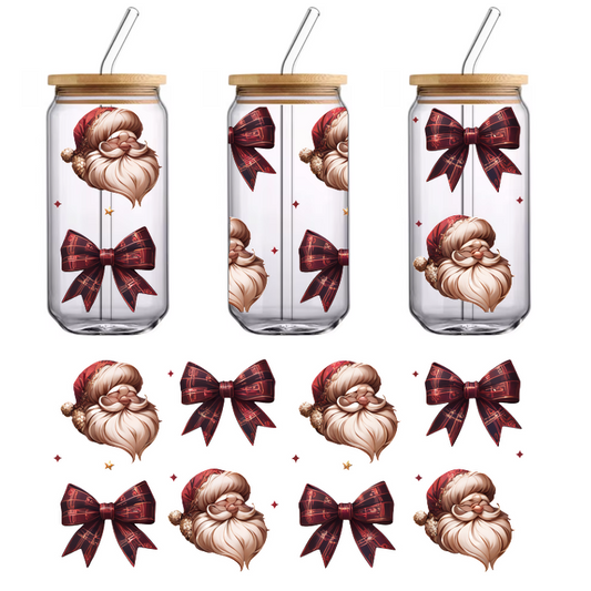 A festive collection of Santa Claus faces and red plaid bows, perfect for holiday-themed designs and decorations.UV Transfers dtf transfers