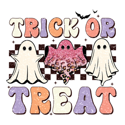 A festive "Trick or Treat" graphic featuring cute, sparkly ghosts in various styles, perfect for Halloween celebrations! dtf transfers