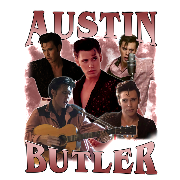 A vibrant collage featuring Austin Butler in various performances, showcasing his musical talent and charisma, with bold text framing his name.DTF Transfers heat press transfers