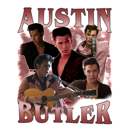 A vibrant collage featuring Austin Butler in various performances, showcasing his musical talent and charisma, with bold text framing his name.DTF Transfers heat press transfers