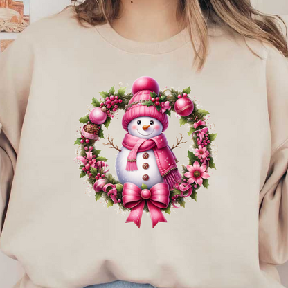 A cheerful snowman dressed in pink attire, surrounded by a festive wreath of holly, flowers, and ornaments. dtf transfers