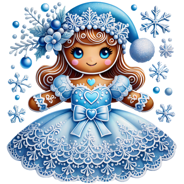 A charming gingerbread girl in a beautiful blue dress, adorned with snowflakes and floral accents, perfect for winter festivities.DTF Transfers heat press transfers