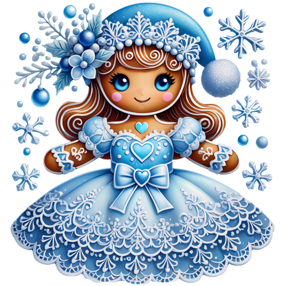 A charming gingerbread girl in a beautiful blue dress, adorned with snowflakes and floral accents, perfect for winter festivities.DTF Transfers heat press transfers