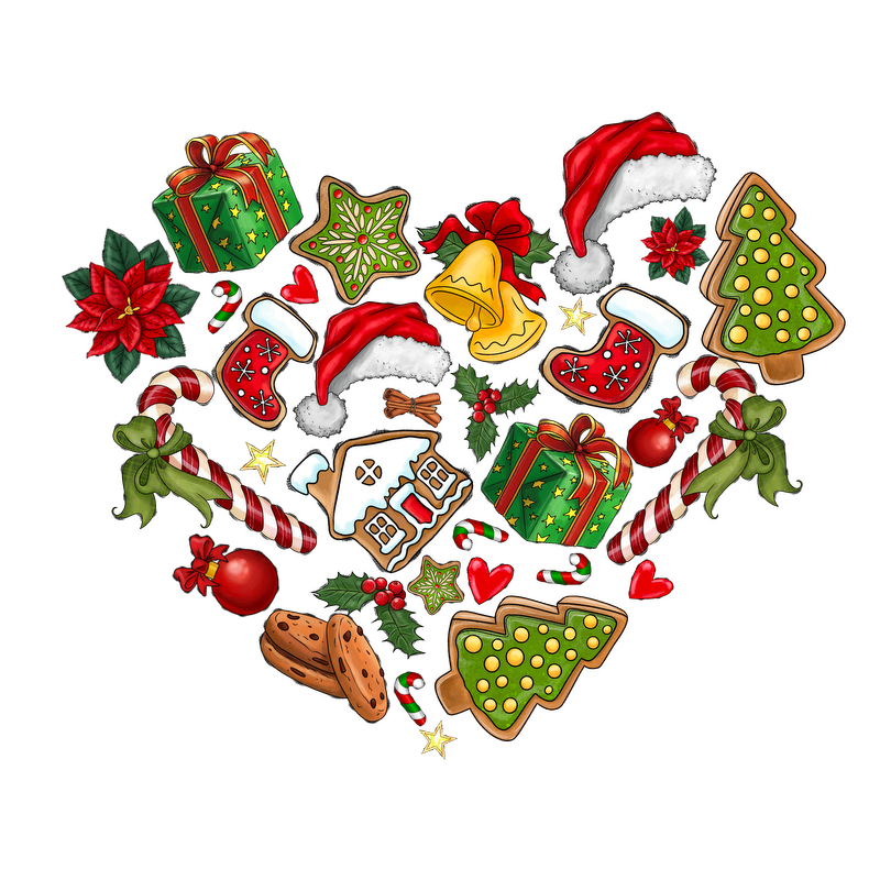 A festive heart-shaped arrangement featuring Christmas gifts, cookies, ornaments, and decorations like stockings, trees, and candy canes.DTF Transfersdtf regular irondtf regular iron