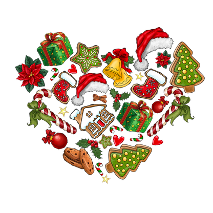 A festive heart-shaped arrangement featuring Christmas gifts, cookies, ornaments, and decorations like stockings, trees, and candy canes.DTF Transfersdtf regular irondtf regular iron