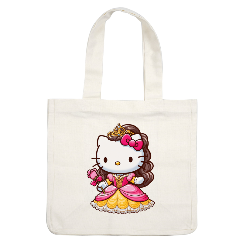 Adorable Hello Kitty dressed as a princess, complete with a pink gown, crown, and a bouquet of flowers.DTF Transfers heat press transfers