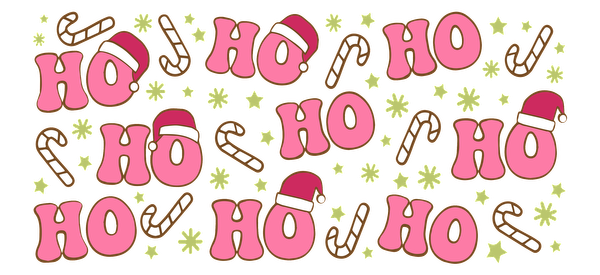 A festive illustration featuring playful pink "HO" text adorned with Santa hats, candy canes, and cheerful snowflakes.UV Transfersdtf regular iron