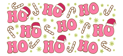 A festive illustration featuring playful pink "HO" text adorned with Santa hats, candy canes, and cheerful snowflakes.UV Transfersdtf regular iron