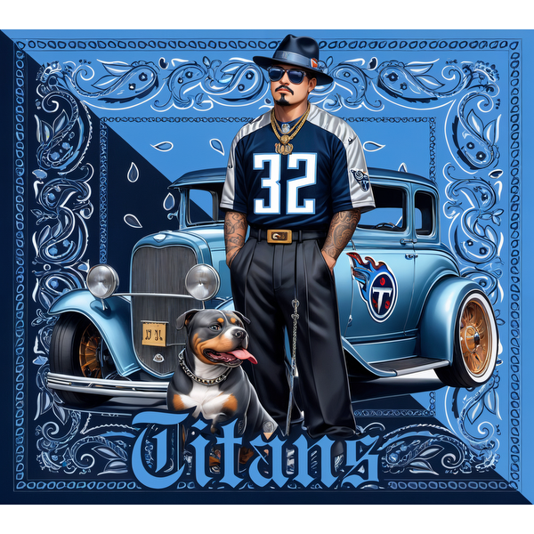 Una elegante ilustración que presenta a un hombre con una camiseta de los Tennessee Titans, acompañado de un perro y con un automóvil azul clásico de fondo.